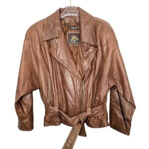 Wilsons Leather Adventure Bound Brown Leather Tie Waist Moto Jacket Pockets L